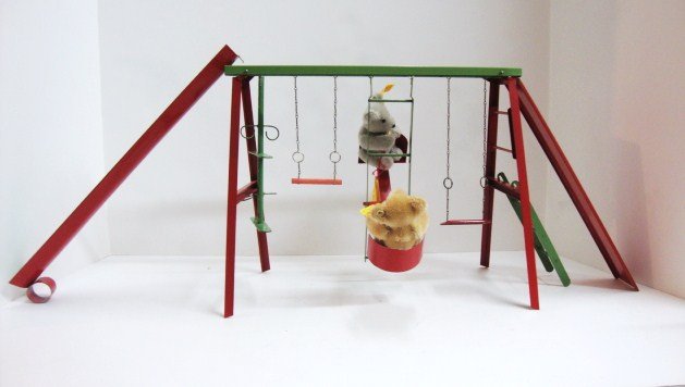 Steiff Bear Swing Set & Steiff Bear: Metal Swing Set 9 x 13 Great Red and Green Paint, small SEtiff Teddy Bears 4", #201.10, # 0207/10