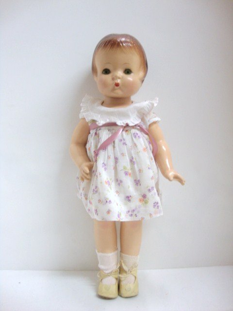 Effanbee Patsy Ann Compositon Doll: Effanbee Patsy Ann 18", all composition, floral dress. Redressed but done by expert, green open and close eyes.