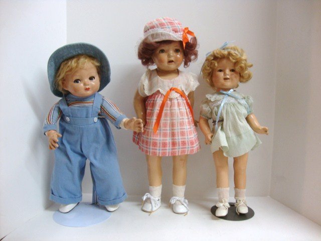 Composition Dolls, Shirley, and Effanbee: Unmarked Shirley Temple 19" composition, unmakred child doll, Effanbee Tommy Tucker, redressed.