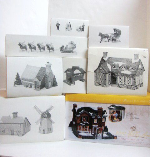 Department 56 Snow Village & Accessories: Eight pieces : Home Sweet Home, Stonehurst House, Village greenhouse, Holiday Travel, One House open sleigh, Red Covered Bridge, 200 Holly Lane