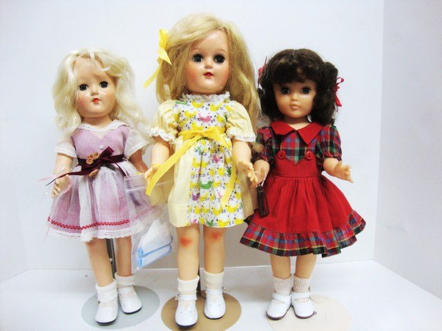 Three Ideal Dolls Toni and Harriet Hubbard Ayers: Ideal Toni P-90 original desss, P-91 Walker, replaced dress, Harriet Hubbard Ayers p-90 in Ideal Dress. All replaced shoes