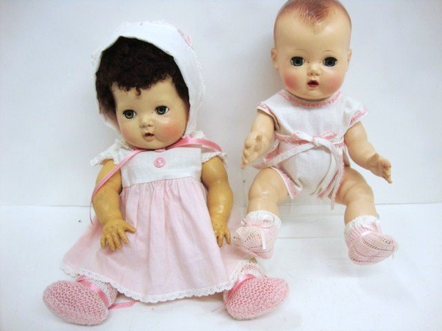 Two American Character Tiny Tears Dolls: 11" painted hair with romper, 13" hands down with caracul wig, original dress. Both come with accessories which may not be original to doll.