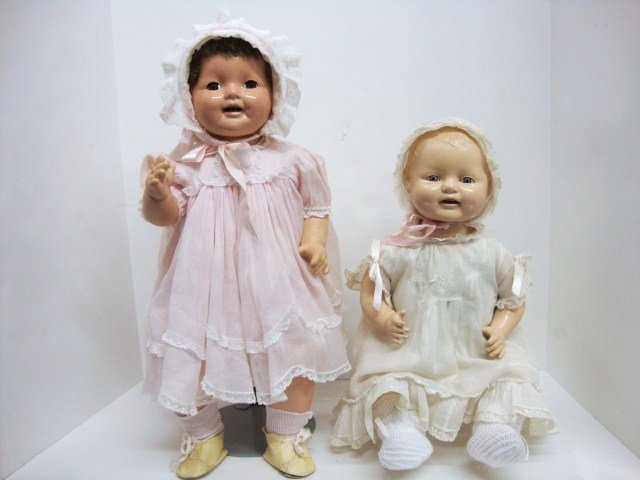 Effanbee Dimples & Lovums: Effanbee Dimples 19" and Lovums 18". composition with cloth bodies. Replaced clothing.