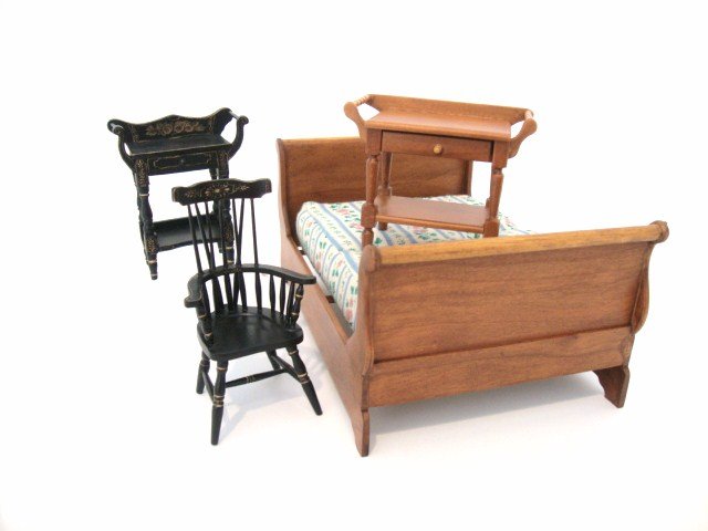 Country Bedroom Furniture: Commercial washstand and Windsor chair hand-painted in Hitchcock style by Kay Ketcham, a nicely crafted washstand by D & E 1991, and a pretty sleigh bed with mattress made by the same artists. Bed 3.2