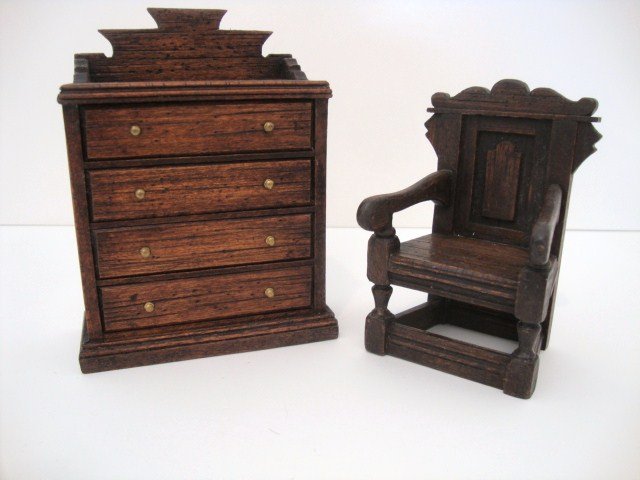 Michael Mortimer Chest and Chair: A Tudor wainscot armchair with tombstone paneling and a four-drawer chest 5" H, 4.5" W.