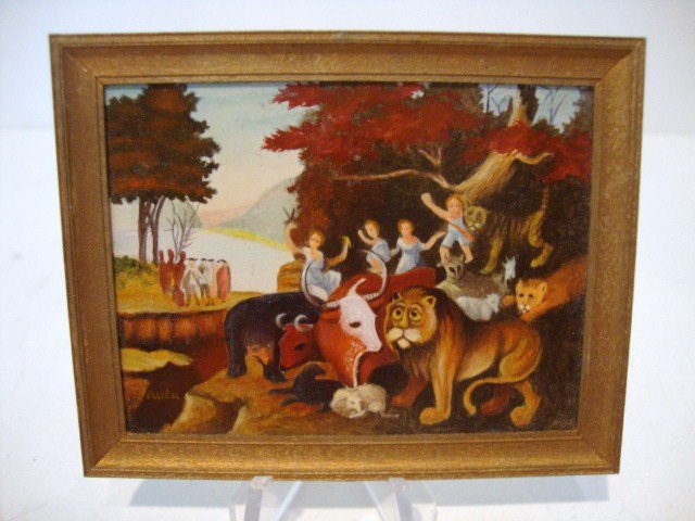 Edward Allen Oil Painting: Ned Allen's replica of an Edward Hicks' Peaceable Kingdom in gilt wooden frame. Some loss to label on the back. 2.5" X 3".