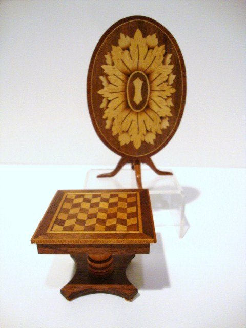 Brian Rumble Marquetry Table: A handsome oval flip-top table featuring a marquetry top with banded edging and signed by David Rumble 1992 and square parquetry occasional table signed HJT. The latter 2" H and 2.5" W.