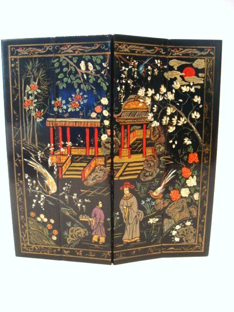 Renee Isabelle Chinese Lacquered Screen: Four-panel folding screen with elaborately painted Chinese tableau. Signed by the artist 1991. 5.25" H, 5" W.