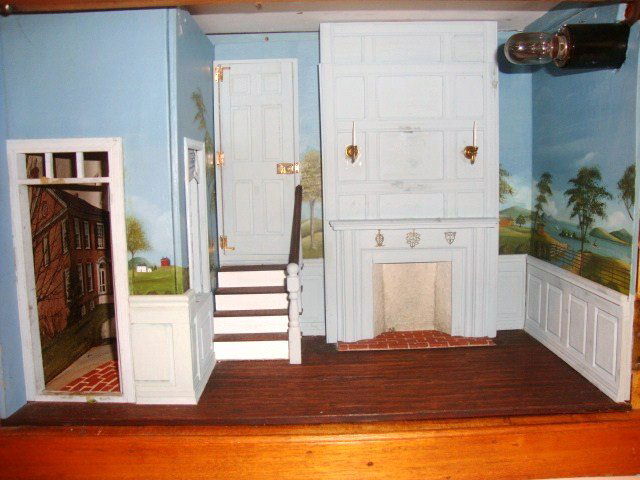 Therese Bahl Carroll Staircase Hall: Cleverly constructed within an antique display cabinet, a highly detailed paneled room with Rufus Porter mural, half stair, recessed window, door (hinge broken) and fireplace, made by Therese Bahl. Ol
