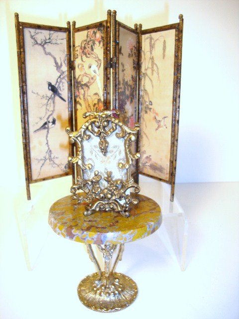 Bamboo Folding Screen: Elegant Asian faux bamboo four-panel folding screen, beautifully constructed and signed VAN '84 on the back 6" H, a small giltwood screen from Petite Elite and an antiqued brass table with polished ma