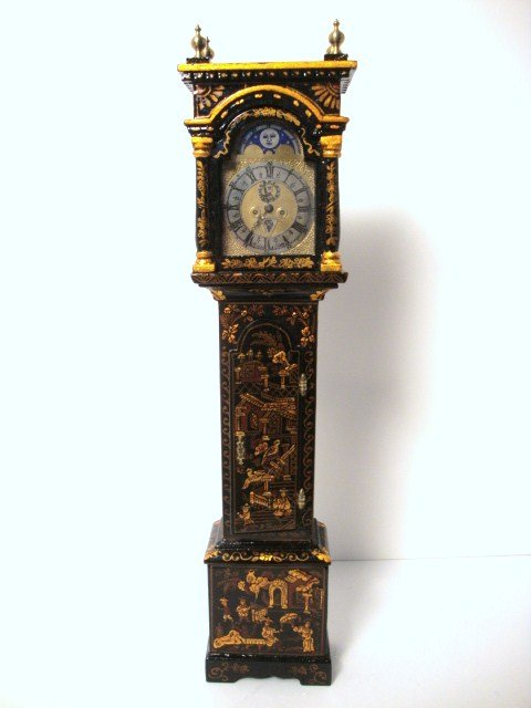 Judith Dunger Tall Case Clock: Superb lacquered tall case clock distinguished with hand-painted and textured Chinoiserie decoration, and the door opens to display weights and pendulum. Judith's lacquer work has a distinctive glow a