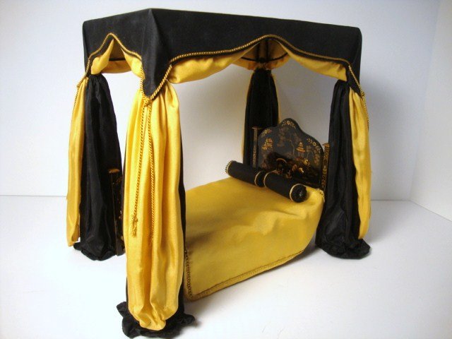 Judith Dunger Chinoiserie Bed: Sleep in splendor! Elegant handpainted and lacquered bed with separately constructed draped canopy with silk hangings that puddle luxuriously. 8" H and L, 5" W.