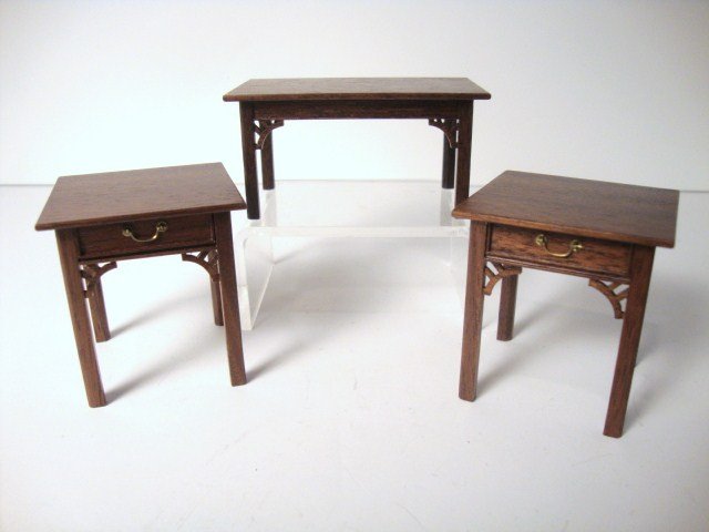 Gerald Crawford Tables: Three mahogany Chinese Chippendale tables: coffee table 1.5" H, 2.75" L and a pair of side tables 2" H and 1.75" square.