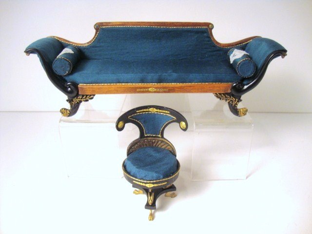 Susanne Russo Empire Sofa and Chair: Elegant Duncan Phyfe sofa 8" L with peacock blue silk upholstery (seams opening on seat) and bolsters, with a matching chair, both nicely scaled and detailed.