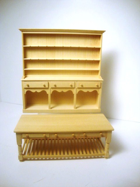 Jane Newman Welsh Dresser: Jane's three bay Welsh dresser with open shelves 7" H and W, and long kitchen work table with pot shelf below.