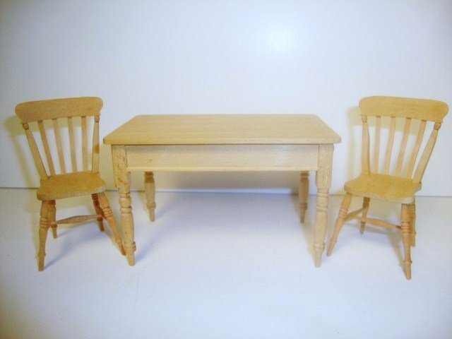 Jane Newman Table and Chairs: English kitchen table with one end drawer 2.5" H, 4" L, and a pair of Jane's farmhouse chairs.