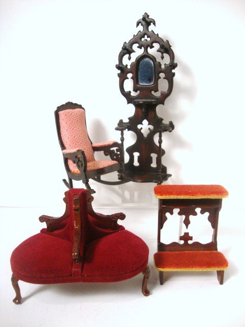 Nic Nichols Victoriana: A nicely finished rosewood hall tree 7.5" H and a Lincoln rocker, both by Nichols. Also a Chestnut Hill prie-dieu and a borne by Fantastic Merchandise.