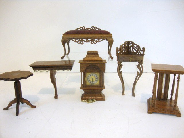 Judy Beals Furniture: Assortment of pieces including an illuminated display cabinet 4.5" H, upholstered fretwork bench, clock, console table, corner table and square stand. Seven pieces, all but one signed.