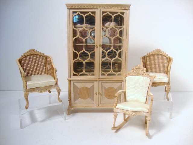 Bespaq Cupboard and Chairs: An assortment of unfinished furniture including a china cabinet 7.5" H, 4.25" W, a rocking chair and an attractive pair of caned bergeres with loose cushions.
