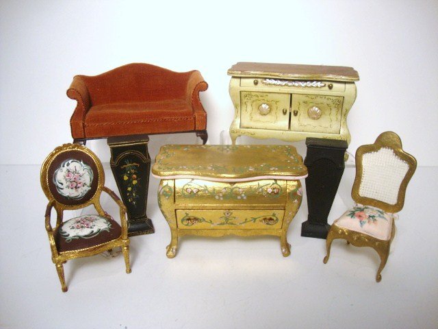 Miniature Mart Furnishings: Most of these items were purchased from the late Ellen Blauer: two repainted Sonia Messer chests approx. 3" H, 4.5" W, a velvet upholstered loveseat signed Churchill (one leg repaired), two cast pedes