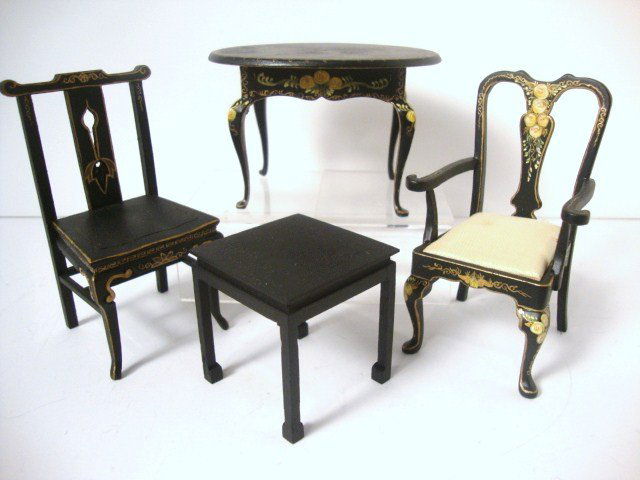 Pollie Simpson Table and Chairs: A very nicely handpainted oval tea table 2.25" H, just under 3.5" L with a matching Queen Anne chair, also a Chinese chair and unmarked square table.