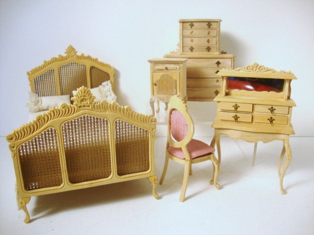 Bespaq Bedroom Furnishings: Elegant carved bed with woven panels 5.5" H, 7" L, 5" W, dressing table and chair, nightstand and interesting chest on chest (missing hardware).
