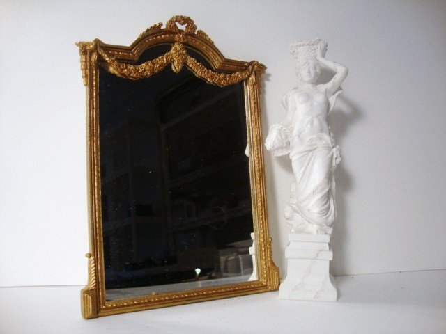 Sue Cook Mirror: Large overmantel looking glass 7" H, 5" W made of gilt metal and a faux marble statue from the Singing Tree 6.5" H.