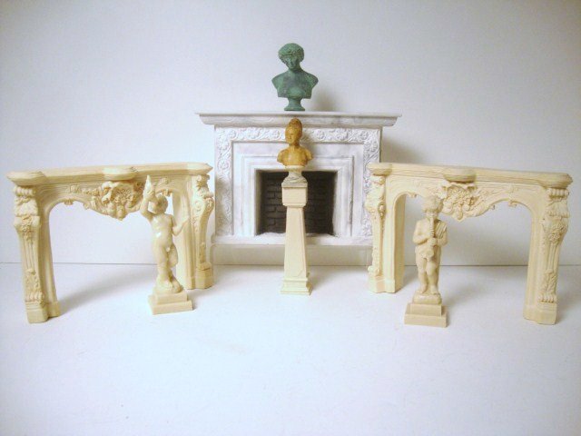 Faux Marble Fireplaces: Three nicely molded fireplaces including a matched pair 4" H, 6" W, and an assortment of small decorative statues.