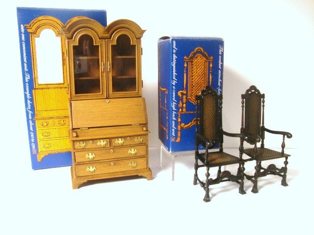 Goebel Butterfly Collection Furniture: Collectible Goebel molded plastic furniture comprising the Queen Anne secretary from the Stuart Library 7.5" H, a pair of Charles II armchairs and an upholstered Chippendale side chair (reglued).