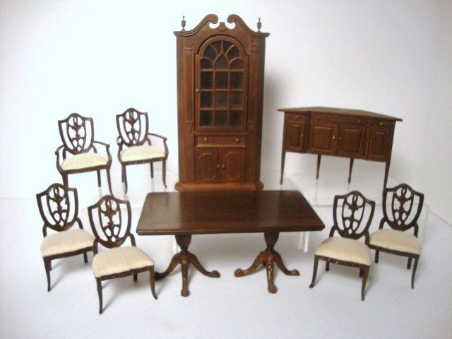 Bespaq Federal Dining Room: An elegant corner cupboard with drawer 7.5" H, 4" W, a sideboard to fit in a corner, a double pedestal table 6" L and a set of six matching shield-back chairs.