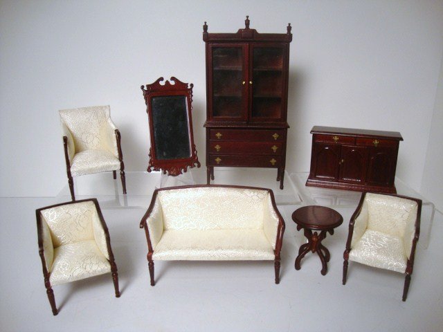 Bespaq Sheraton Parlor: A bookcase with glazed doors 7" H, console cabinet (loose hardware), mirror (finial off but saved), a Sheraton loveseat and matching armchairs (settee has one arm finial off but saved), and a small ta