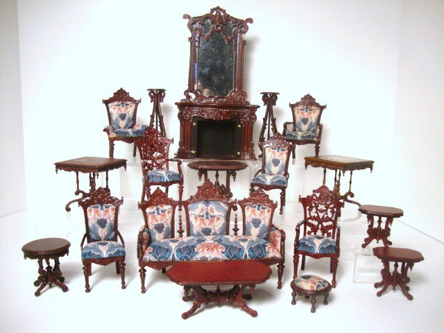Bespaq Victorian Parlor: Attractive upholstery distinguishes this large parlor group comprising an elaborate fireplace with overmantel mirror 8.75" H, 5" W, settee and six matching chairs, a footstool, two pedestals and six t
