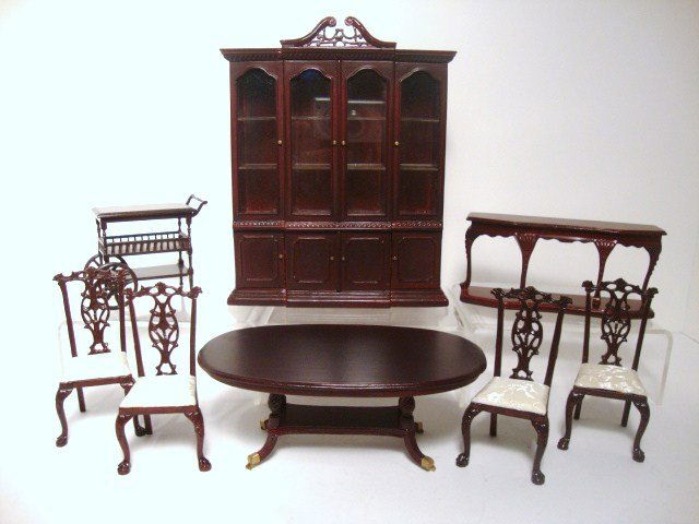 Bespaq Dining Room: Breakfront china cabinet 7.5" H, 6" W, a console table, dining table with four chairs, dining table and tea cart.