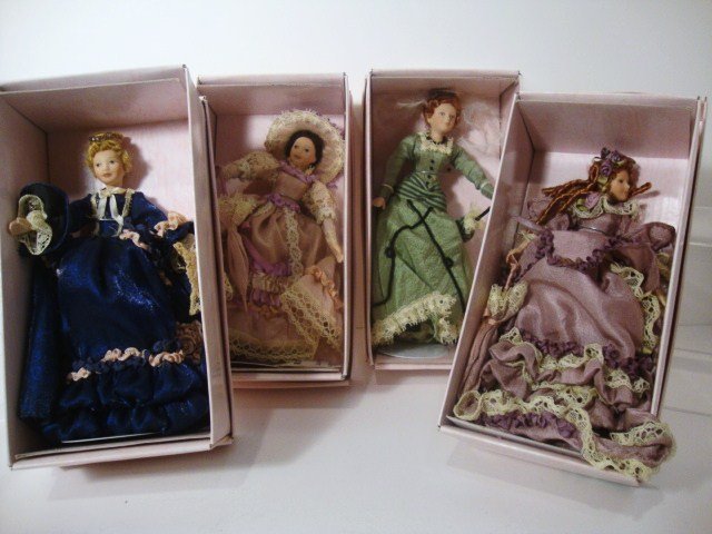 Victoria Trading Dolls: Four formally dressed Victoria Trading dollhouse dolls in original boxes, dolls 6"H, boxes measure 7" L, 3" W x 2" D.
