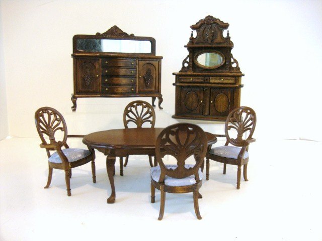 Victorian Dining Room: An assembled set of Taiwanese dining furniture including a all mirrored server 6.5" H, 4.5" W, a mirrored buffet, oval table and four balloon-back dining chairs with blue brocade seats. A bit heavier