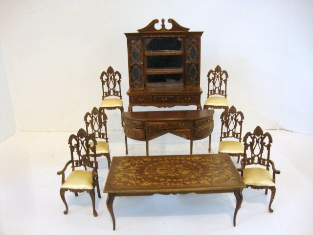 Bespaq Dining Room Furniture: Chinese Chippendale china cabinet 7.5" H, 5" W, Hepplewhite sideboard, six Gothic Revival dining chairs and a distinctive artisan marquetry dining table 6.25" L, 3.5" W.