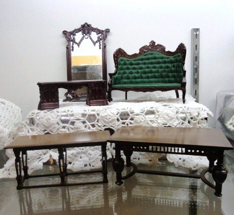 Bespaq Furniture Grouping: Bespaq Sofa, Desk, two tables, mirror. 5 pcs 7" tallest