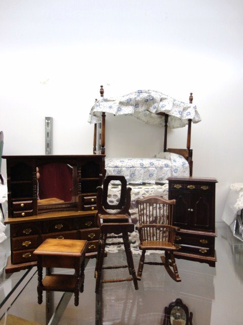 Country Bedroom: Canopy Bed, hutch, Armoire, Shaving stand , end table, rocking chair, unknown maker 6 pcs 6" tallest