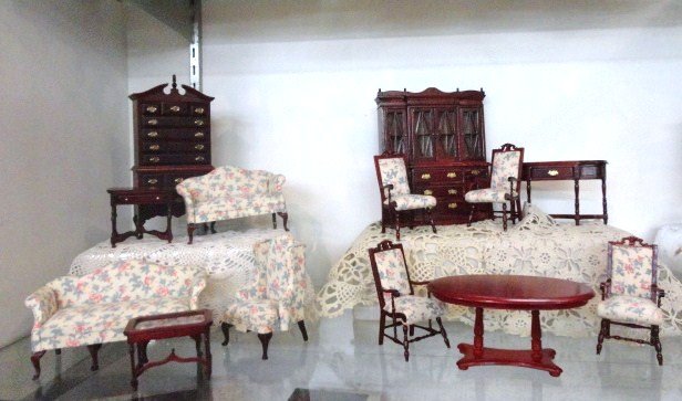 Living Room and Dining Room Furniture: Living Room and dining Room furniture by Concord and Town square. Sofa, Love Seat, Wing Chiar, Four Side Chairs, breakfront, Highboy, 13 pcs. 8" tallest