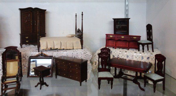 Fantastic Miniature Furniture: Four Poster Bed, Armoire, dresser with mirror, night stand, rocker, floor mirror, table with four chairs, china cabinet, hunt board 14 pcs. 7" tallest