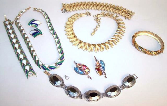 Signed Jewelry Lot: Crown Trifari enamel set, Matisse copper earrings, Whitey & Davis bracelet, Boucher barque, Francois set
