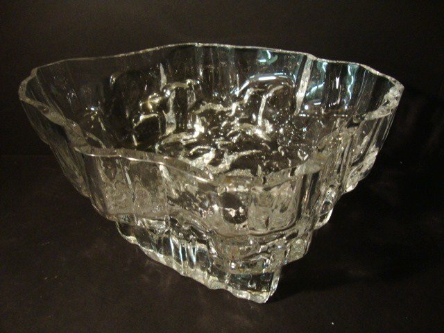 Tapio Wirkkala INARI BOWL: Tapio Wirkkala INARI BOWL, MODEL 3543, Iittala Glass Designs, Finland, 1967, molded, blown and partially cut glass 14.5 w x 12.5 d x 7 h in. signed and numbered underside with incised signature “Tap