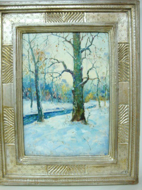 George A. Newman Oil Painting: American 1875 - 1965) “THE BEACHES” oil on academy board label verso signed lower left “Geo A Newman” 14 x 10 "