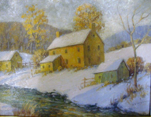 Albert Van Nesse Greene: (American 1887 - 1971) Winter Farmscape oil on masonite signed lower right “A V Greene” 9 ¼ x 12"