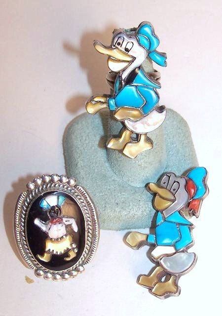 Two Carol Kee Inlay Pieces and One Other: Three silver items, 2 signed Carol Kee (ring & pin) 1 signed 2 UNI NM all w/inlays