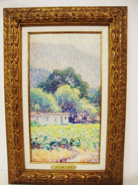 William Henry Clapp: William Henry Clapp (American 1879 - 1954) LANDSCAPE WITH HOUSE oil on board signed dated lower left “Clapp 39” 15 x 8 in.