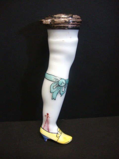 Mottahedeh Porcelain Leg Trinket Box: Mottahedeh VA 1824 , Portugal Trinket Box in the shape of a leg, with Sterlng Top. Very unusual 5" tall