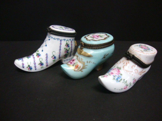 Limoges Shoe Trinket Boxes: Three Limoges Shoe Trinket Boxes, with Decorative floral Designs, and Faux Laces on one, 2 1/2" tallest