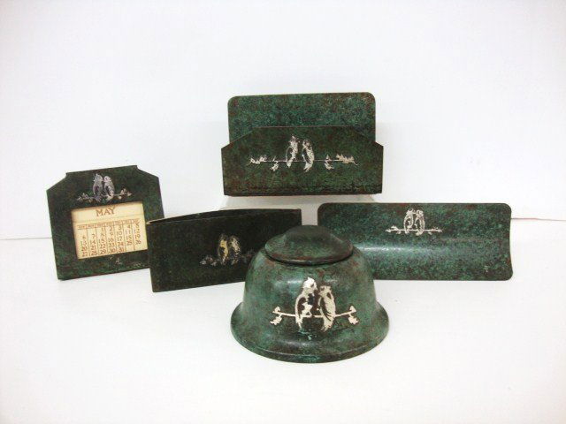 Silvercrest Arts and Crafts Desk Set: A Five piece Silvercrest Bronze and Sterling Desk Set, Inkwell, blotter, Calendar, letter holder and pen rest. Great Patina, appointed with sterling silver love birds.