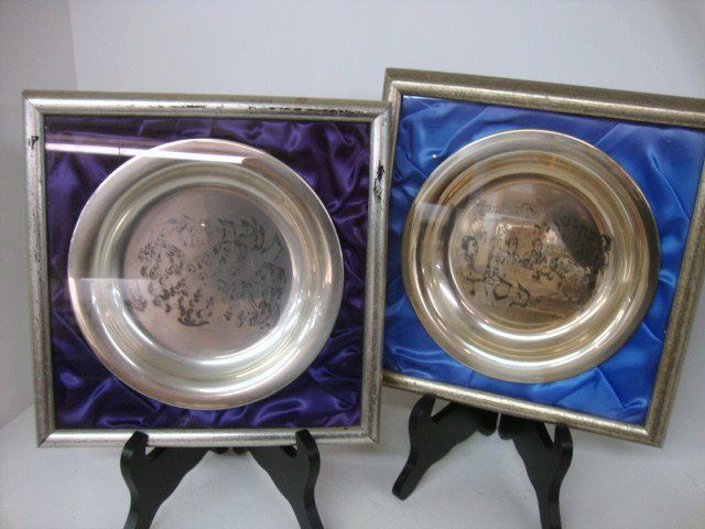 Sterling Passover & Chanukah Plates: 1972 Judaic Hertage Society Passover & Chanukah Plates, both in frames, both Sterling Silver, #46 & #110 8" Plates, 10 x 10" Frames